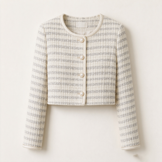 Cream Gray Striped Tweed Pearl Button Cropped Jacket