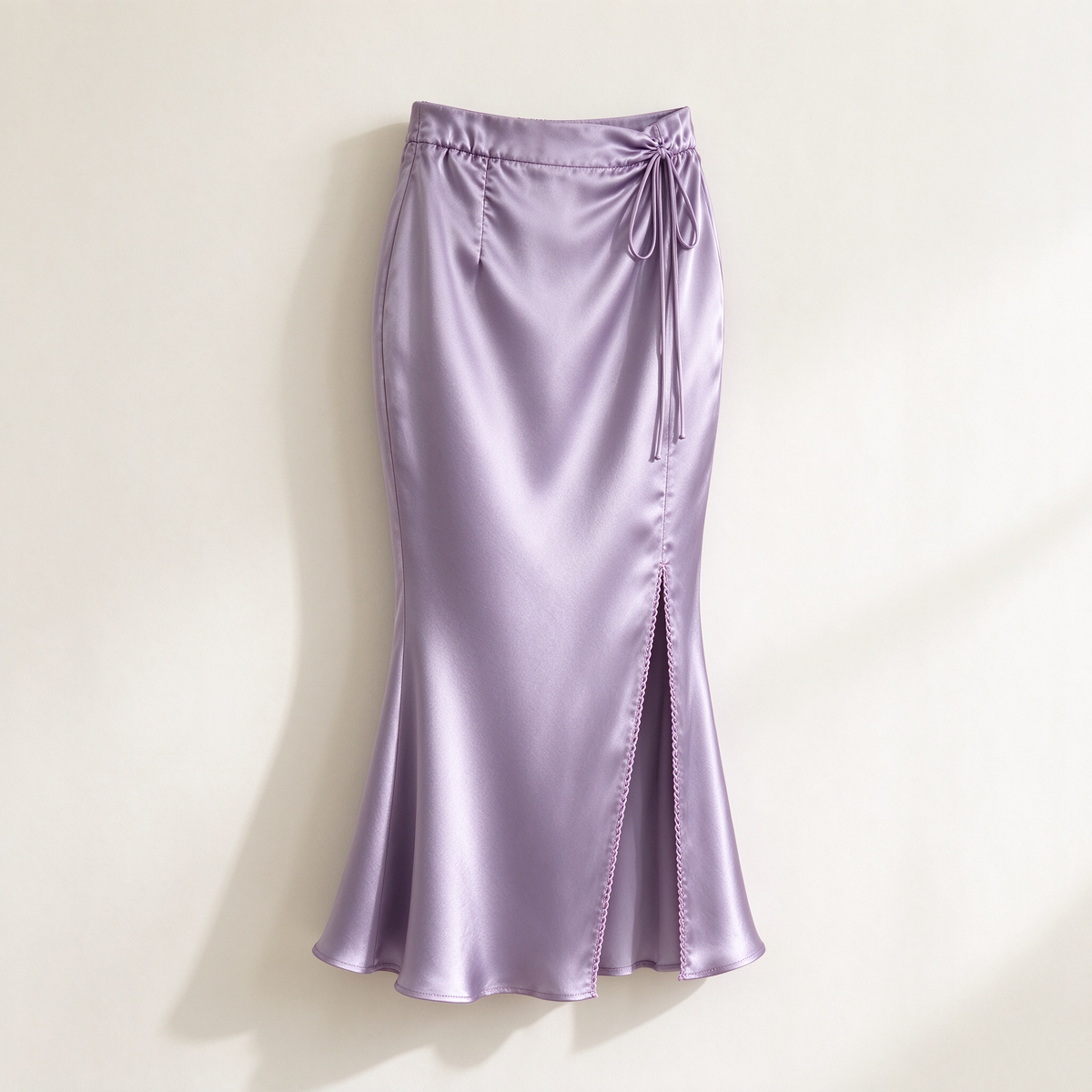 Lavender Satin Tie Waist Slit Mermaid Midi Skirt