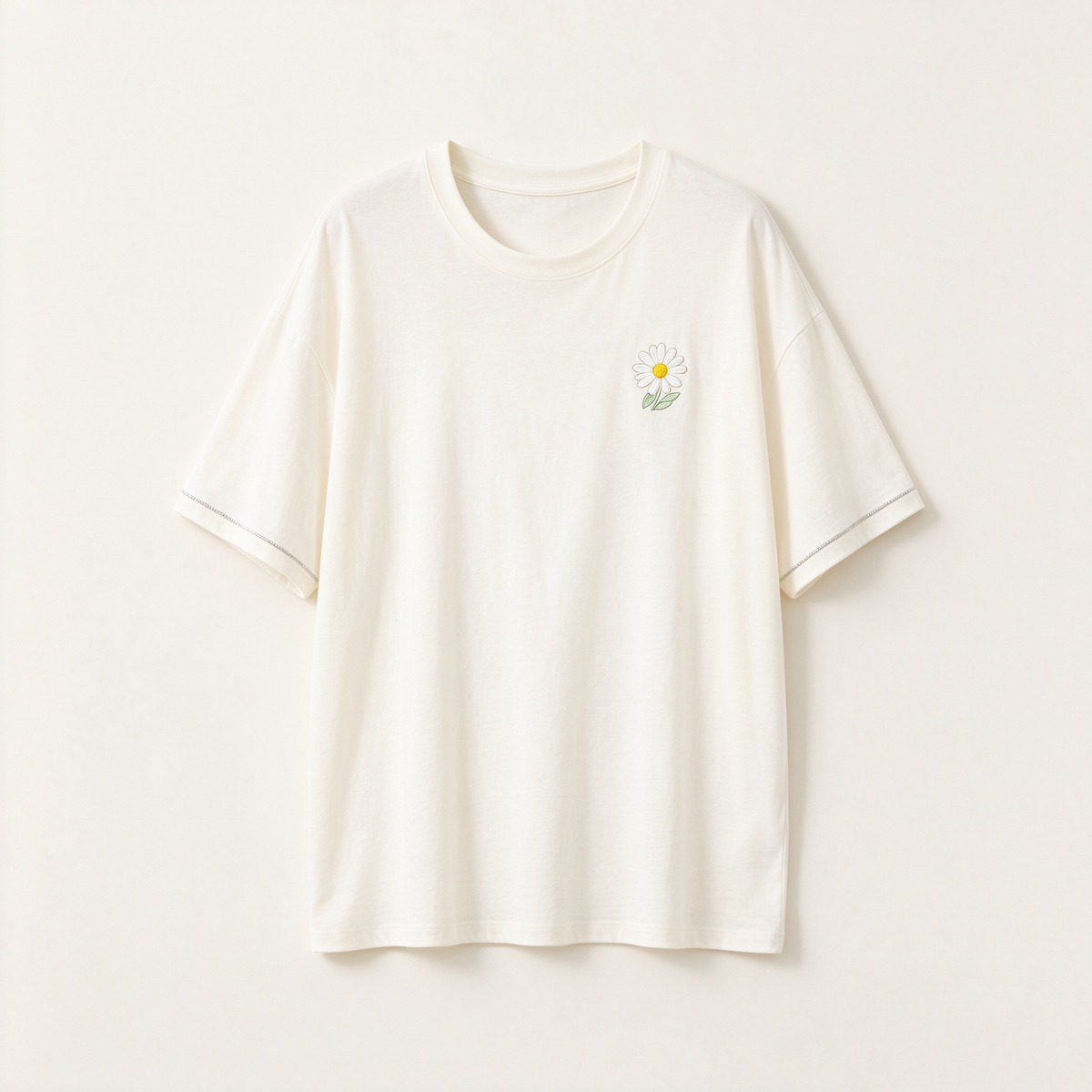 Ivory Oversized Daisy Embroidered Contrast Stitch Tee