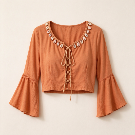 Rust Cowrie Shell Trim Lace-Up Bell Sleeve Crop Top