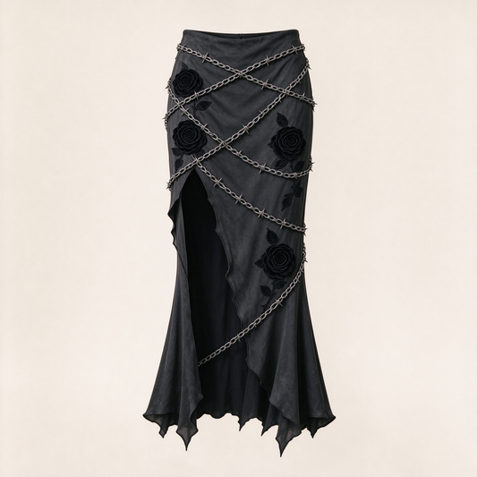 Black Barbed Wire Chain Rose Applique High Slit Gothic Mermaid Skirt