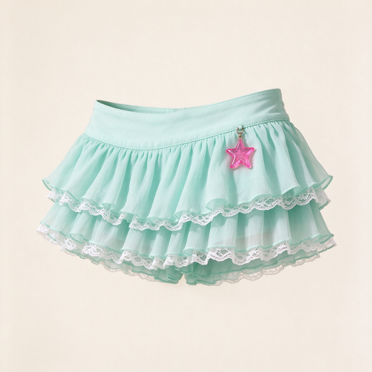 Mint Green Tiered Lace Ruffle Mini Skirt with Pink Star Charm