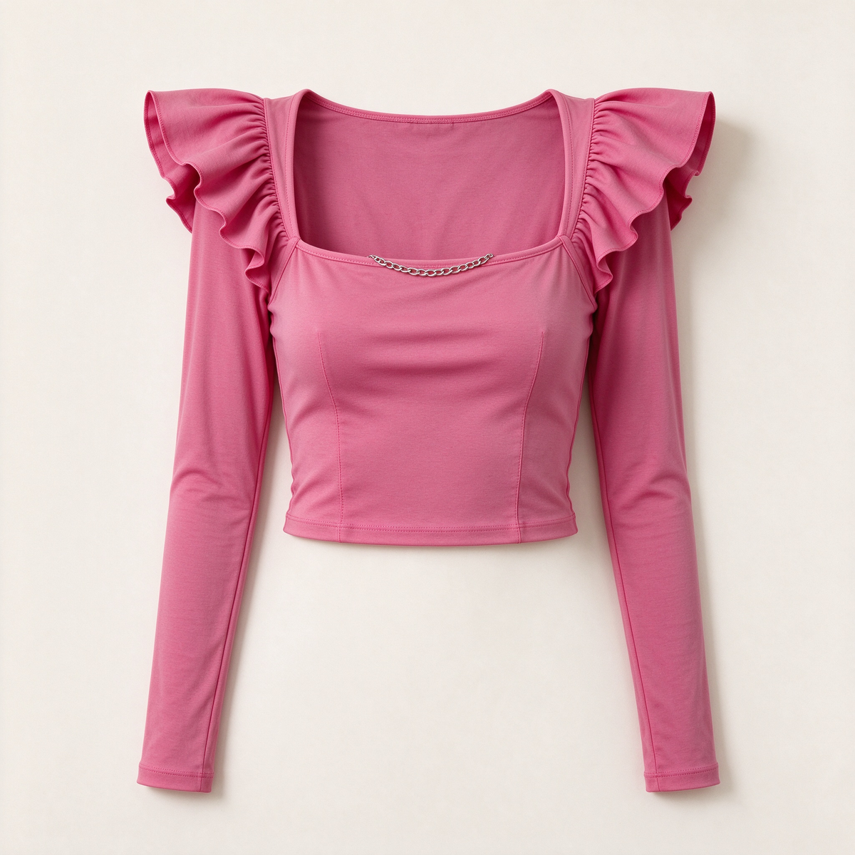 Hot Pink Ruffle Shoulder Square Neck Chain Crop Top
