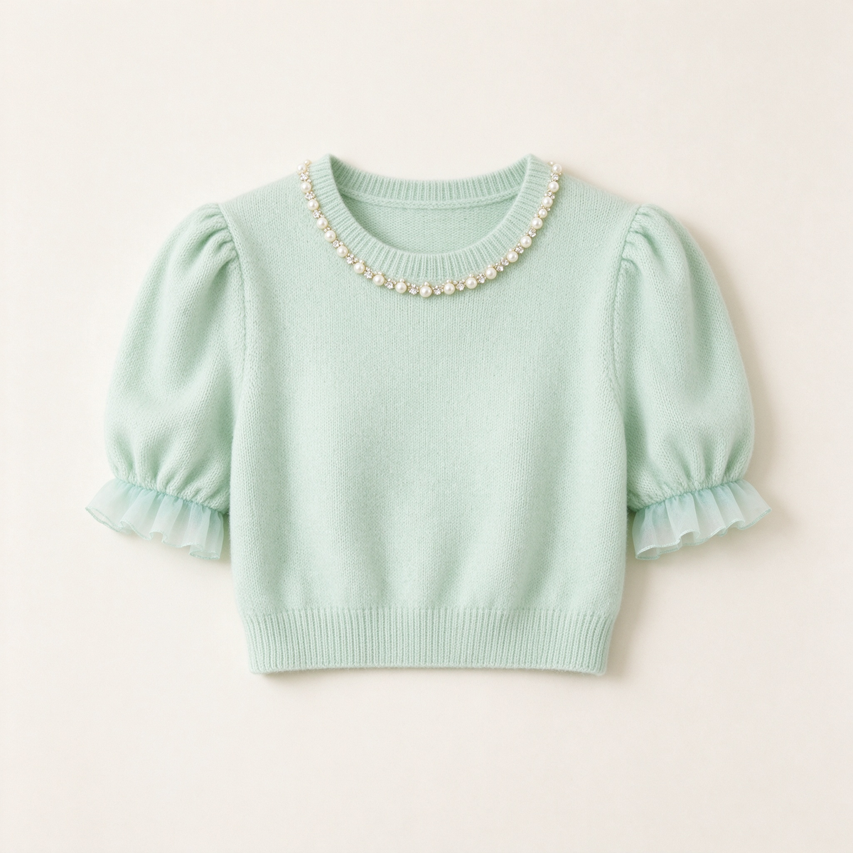 Mint Pearl Rhinestone Neckline Puff Sleeve Knit Sweater