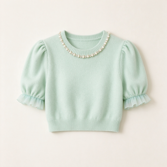 Mint Pearl Rhinestone Neckline Puff Sleeve Knit Sweater