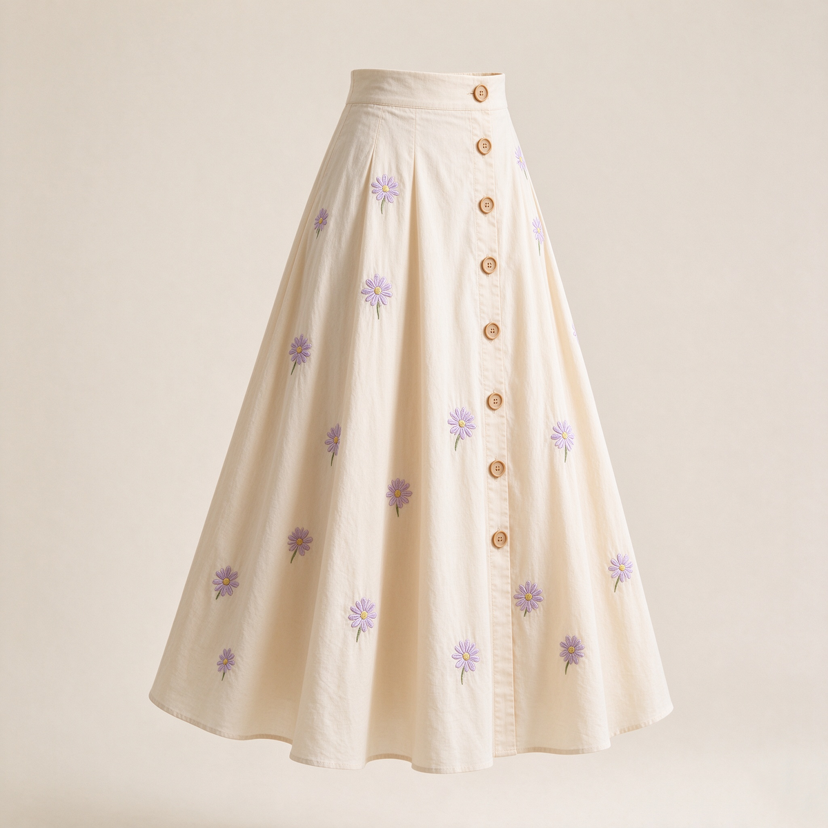 Cream Cotton Purple Daisy Embroidered Button-Front Midi Skirt