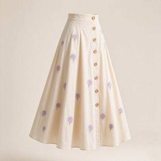 Cream Cotton Purple Daisy Embroidered Button-Front Midi Skirt