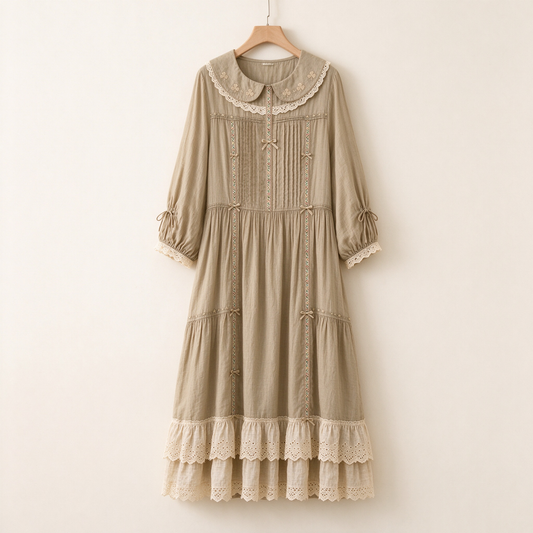 Khaki Cotton Lace Peter Pan Collar Tiered Midi Dress