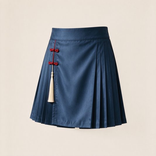 Navy Pleated Wrap Mini Skirt with Red Chinese Knot Tassel