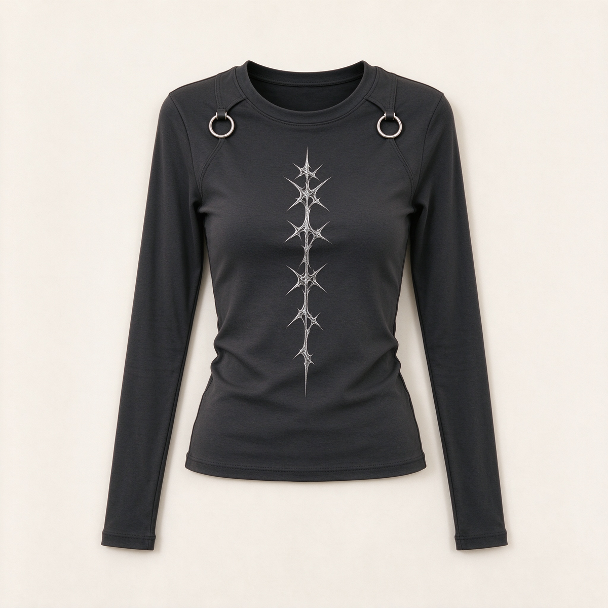 Black Shoulder Ring Hardware Chrome Thorn Graphic Long Sleeve Top