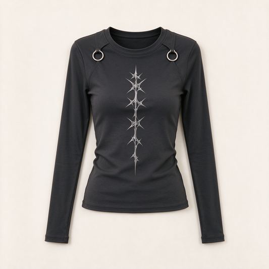 Black Shoulder Ring Hardware Chrome Thorn Graphic Long Sleeve Top