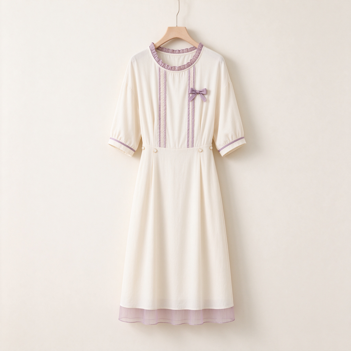 Cream Lavender Ruffle Trim Bow Midi Dress