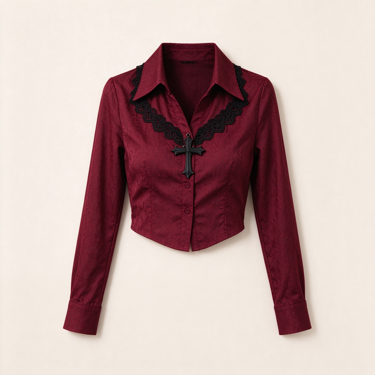 Burgundy Jacquard Black Lace Cross Pendant Cropped Shirt