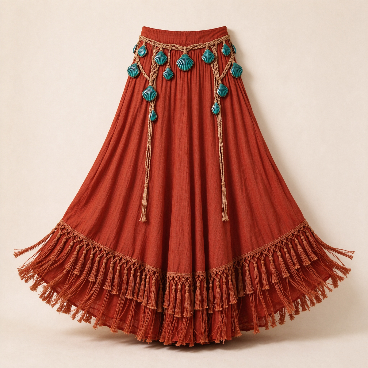 Rust Boho Turquoise Shell Fringe Tassel Hem Maxi Skirt