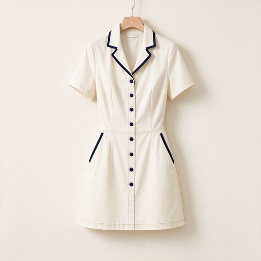 Cream Navy Piping Collared Button-Up Shirt Dress