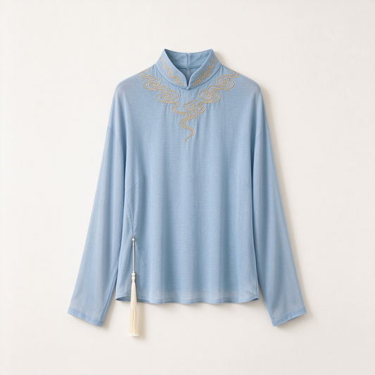 Light Blue Gold Cloud Embroidery Stand Collar Tassel Top