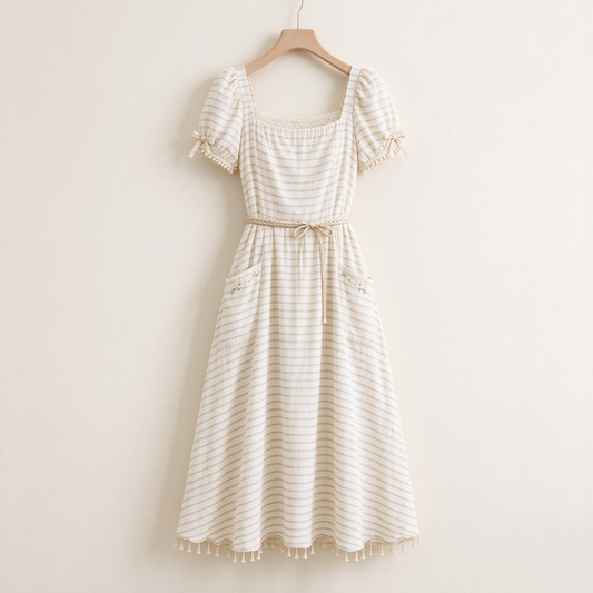 Cream Striped Puff Sleeve Braided Belt Cotton Midi Dress