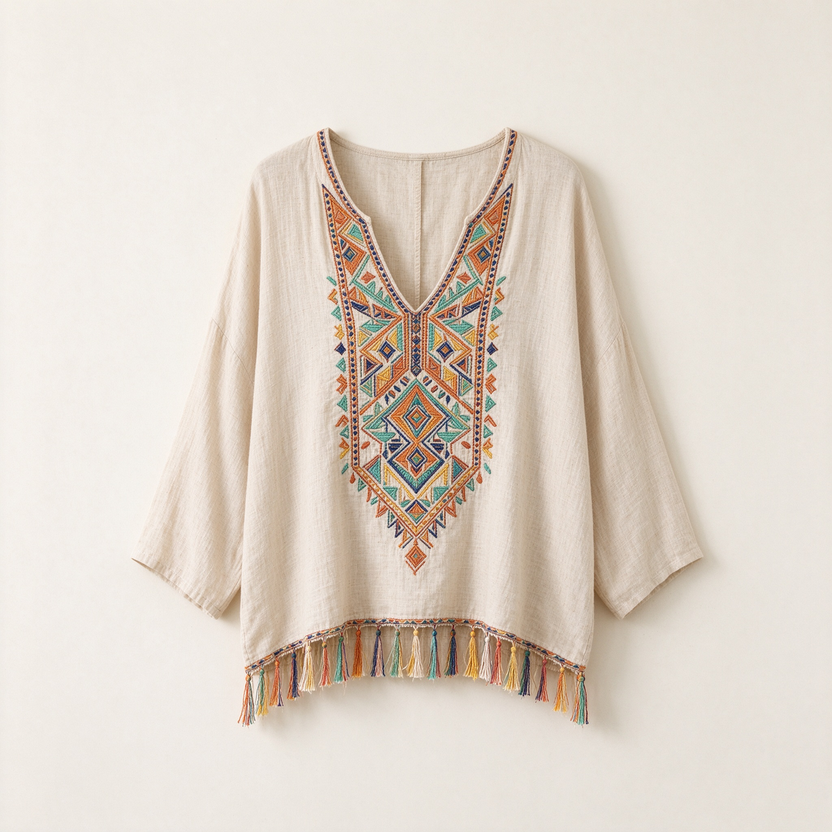 Beige Tribal Geometric Embroidery Tassel Fringe Boho Top