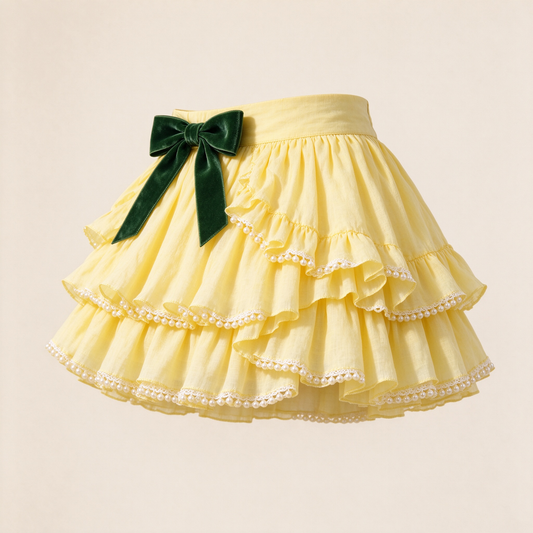 Lemon Yellow Tiered Ruffle Mini Skirt with Green Velvet Bow Pearl Trim