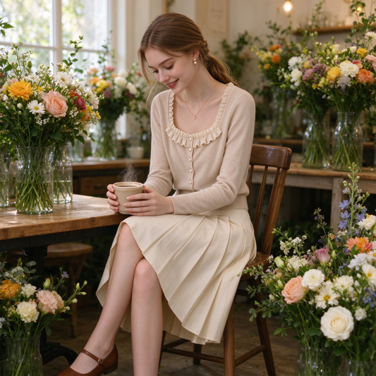 Oatmeal Ruffle Square Neck Pearl Button Knit Cardigan